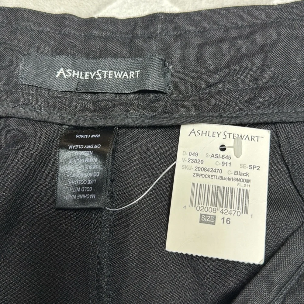 Ashley Stewart Black Breathable Linen Pants Full-Length Belted Loose Fit Size 16